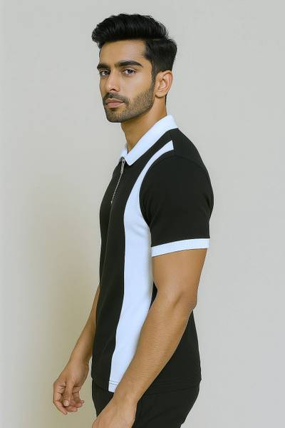 Try This Colorblock Men Polo Neck Black T-Shirt
