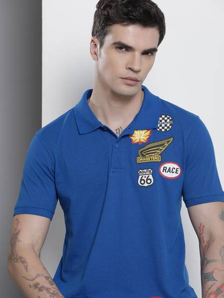 The Indian Garage Co. Printed, Typography Men Polo Neck Blue T-Shirt