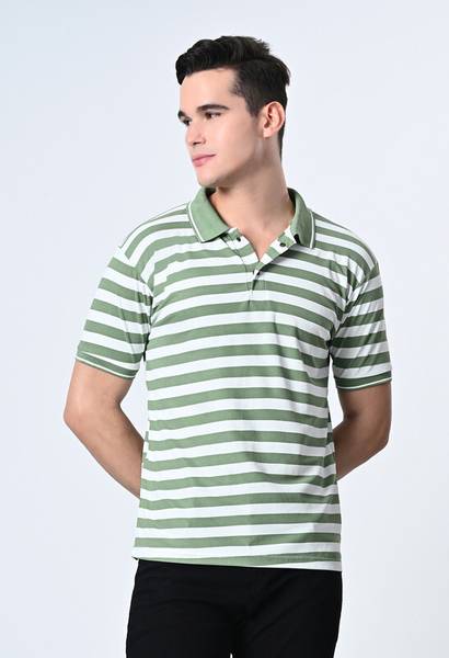 Dam Striped Men Polo Neck Dark Green, White T-Shirt