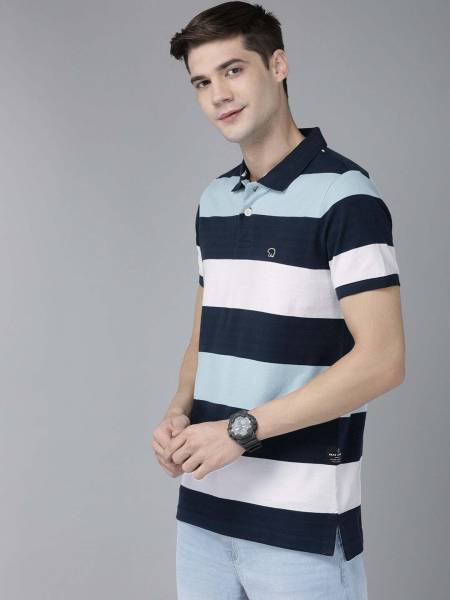 THE BEAR HOUSE Striped Men Polo Neck Blue T-Shirt