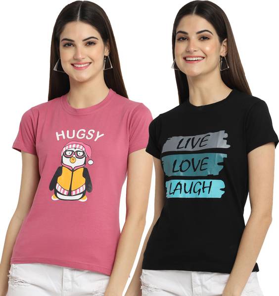 Fabflee Printed Women Round Neck Multicolor T-Shirt