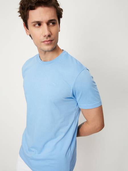 MAX Solid Men Round Neck Blue T-Shirt