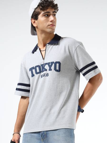 Q-CUT Printed Men Polo Neck Grey T-Shirt