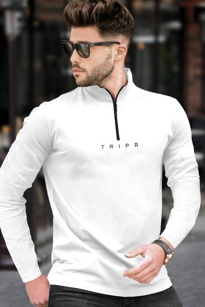 TRIPR Solid Men Henley Neck White T-Shirt