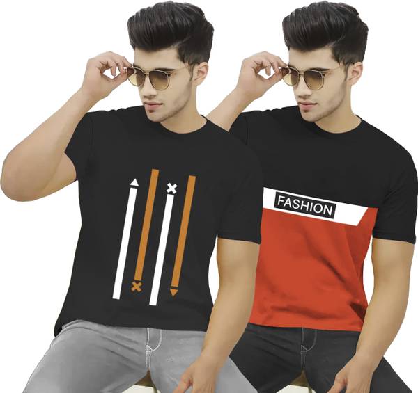 BLIVE Printed Men Round Neck Black, Orange T-Shirt