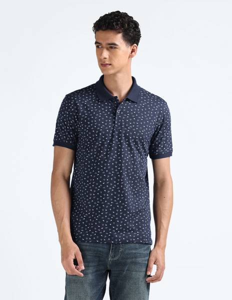FLYING MACHINE Printed Men Polo Neck Blue T-Shirt