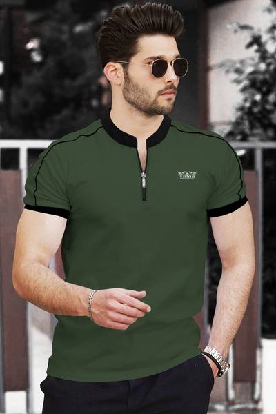 TRIPR Solid Men Mandarin Collar Dark Green, Black T-Shirt