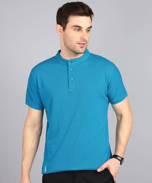 3BROS Solid Men Mandarin Collar Light Blue T-Shirt