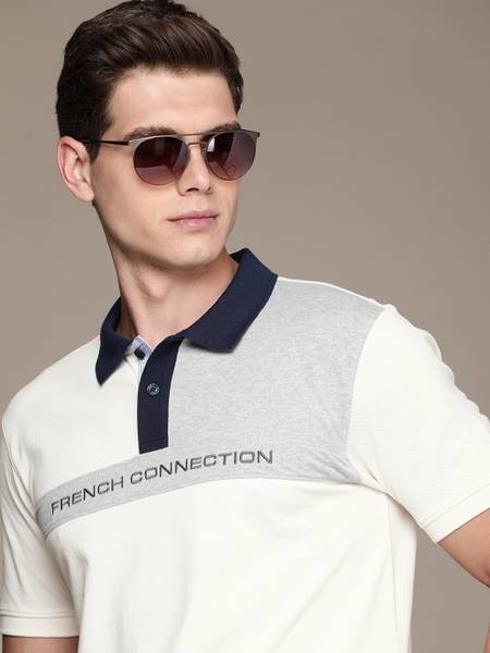 French Connection Colorblock Men Polo Neck White T-Shirt