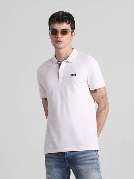 JACK & JONES Solid Men Polo Neck Pink T-Shirt