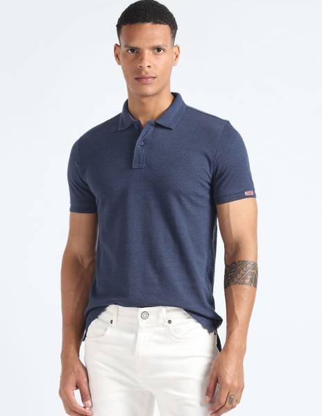 FLYING MACHINE Self Design Men Polo Neck Blue T-Shirt