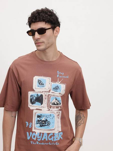 Roadster Printed Men Round Neck Brown T-Shirt