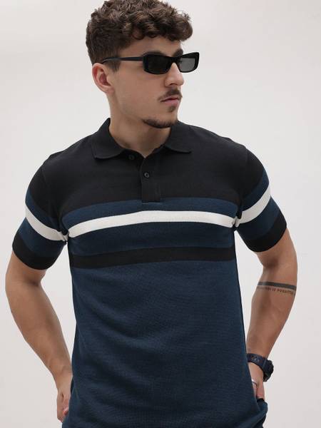 Roadster Self Design Men Polo Neck Blue T-Shirt