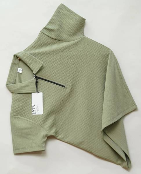 N AND J Solid, Striped Men Zip Neck Dark Green T-Shirt