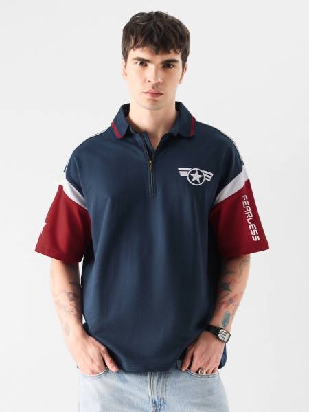 The Souled Store Graphic Print Men Polo Neck Navy Blue T-Shirt