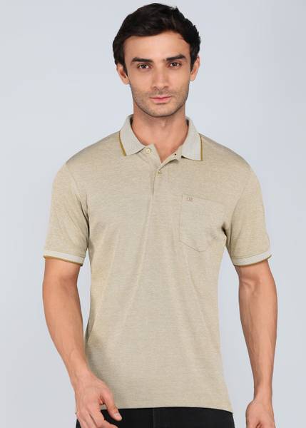 PETER ENGLAND Self Design Men Polo Neck Beige T-Shirt