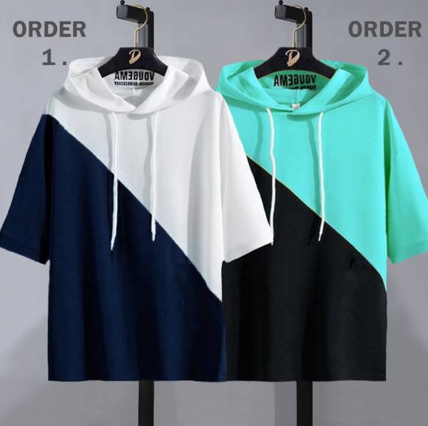 Try This Colorblock Men Hooded Neck Blue, Light Green, White T-Shirt