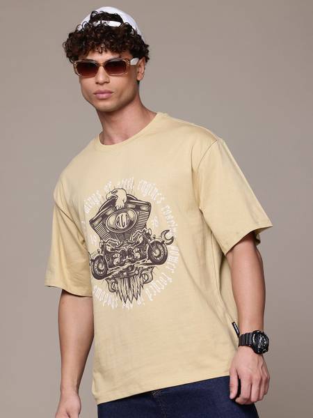 Roadster Printed Men Round Neck Beige T-Shirt