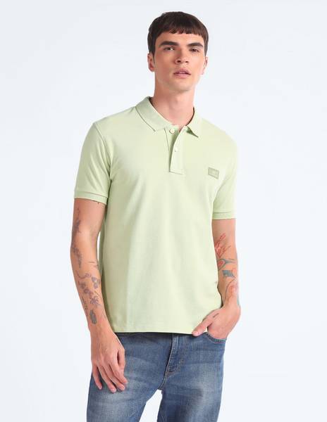 FLYING MACHINE Striped Men Polo Neck Green T-Shirt