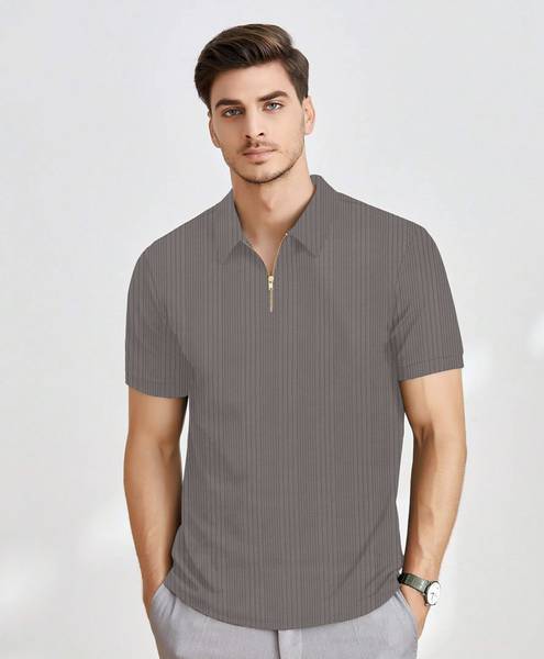 KAJARU Self Design Men Polo Neck Grey T-Shirt
