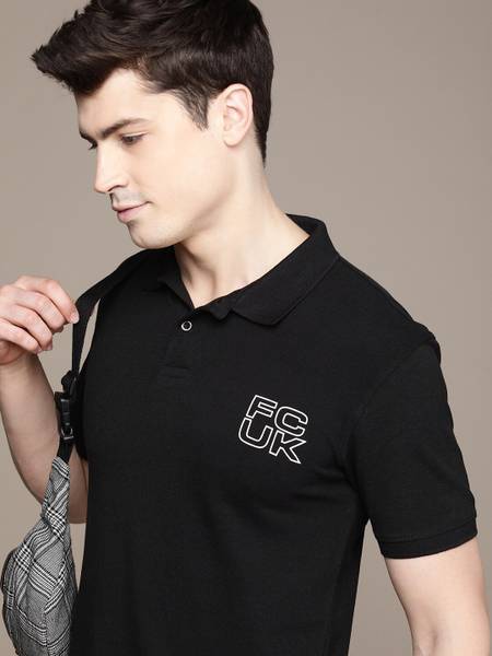 FCUK Solid Men Polo Neck Black T-Shirt