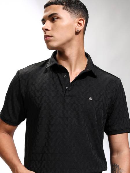 HIGHLANDER Self Design Men Polo Neck Black T-Shirt