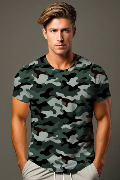 Checks & Squires Military Camouflage Men Round Neck Multicolor T-Shirt