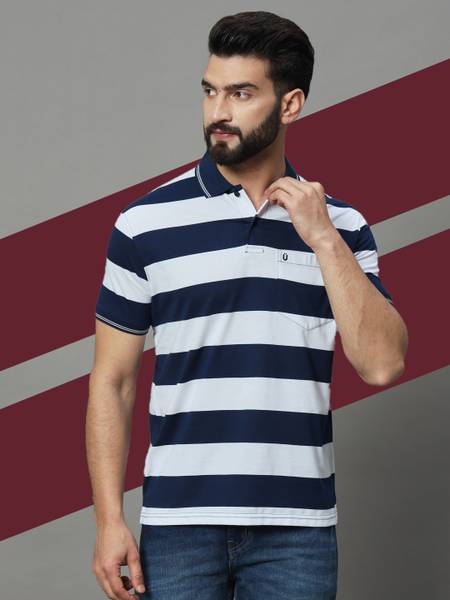 UNIBERRY Striped Men Polo Neck White T-Shirt