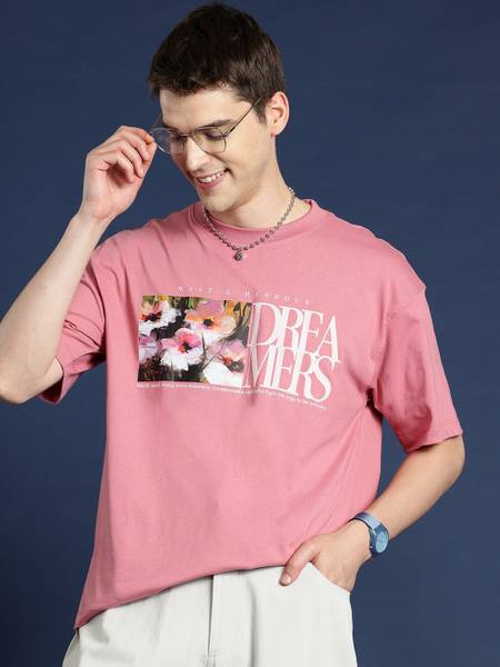 Mast & Harbour Printed Men Round Neck Pink T-Shirt