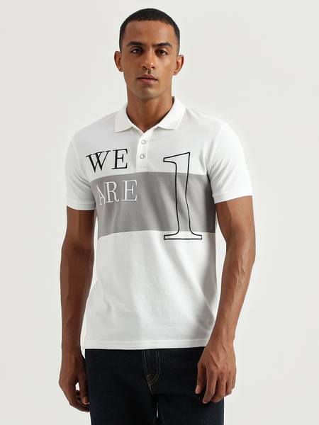 United Colors of Benetton Typography Men Polo Neck White T-Shirt