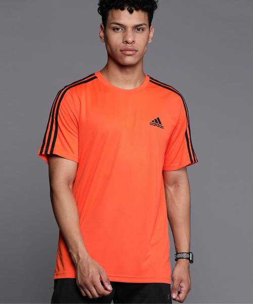 ADIDAS Striped Men Round Neck Orange T-Shirt