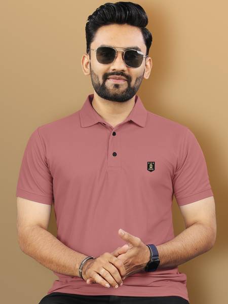 VeBNoR Solid Men Polo Neck Pink T-Shirt