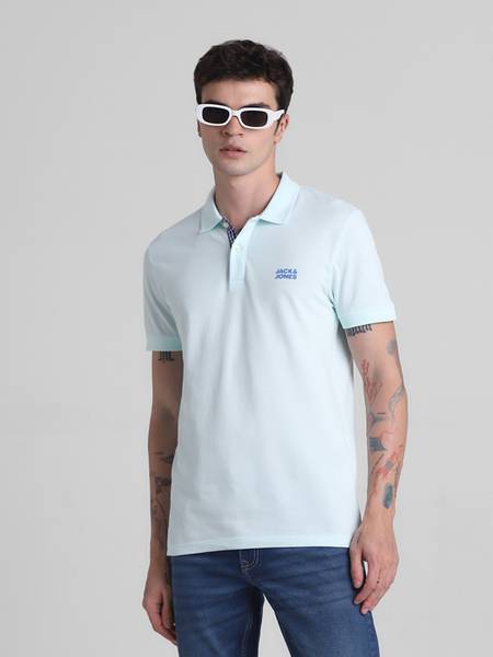 JACK & JONES Solid Men Polo Neck Blue T-Shirt