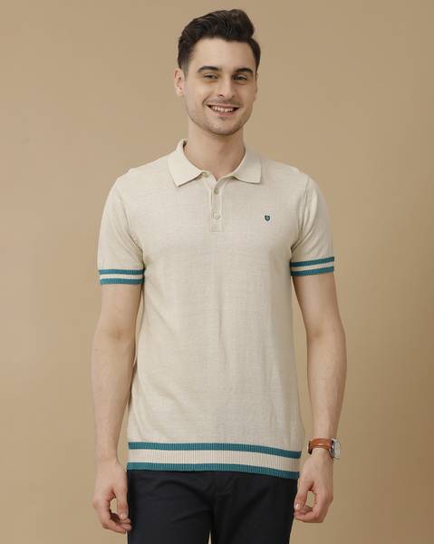 Linen Club Solid Men Polo Neck Beige T-Shirt