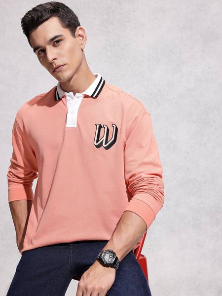 WROGN Self Design Men Polo Neck Orange T-Shirt