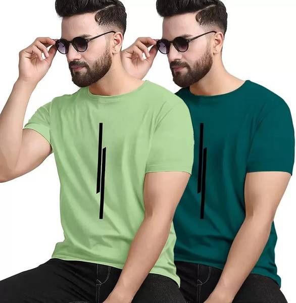 KAJARU Striped Men Round Neck Light Green, Dark Green T-Shirt