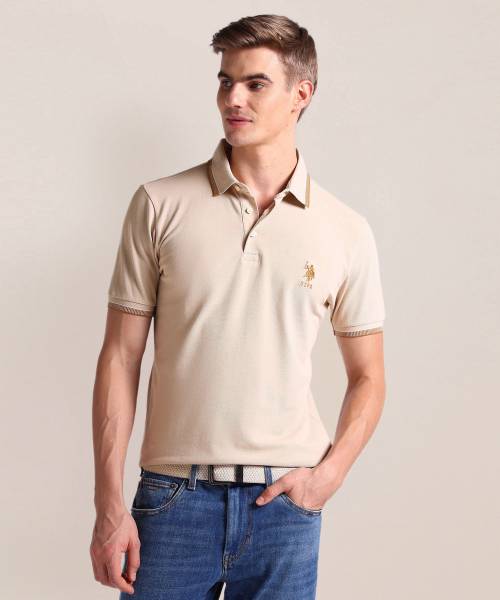 U.S. POLO ASSN. Solid Men Polo Neck Beige T-Shirt