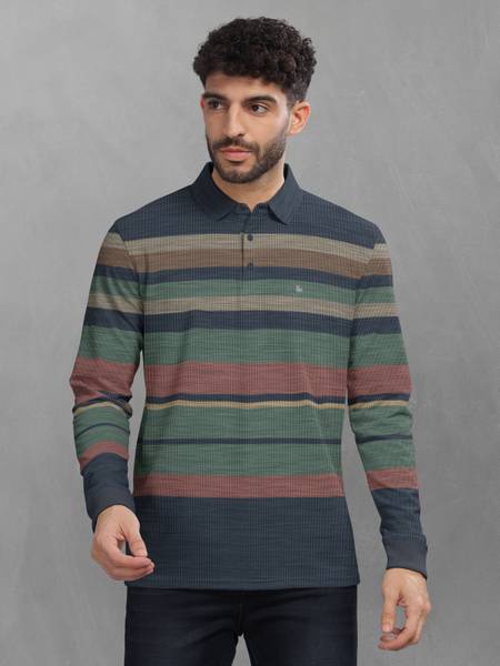 Bullmer Striped Men Polo Neck Green T-Shirt