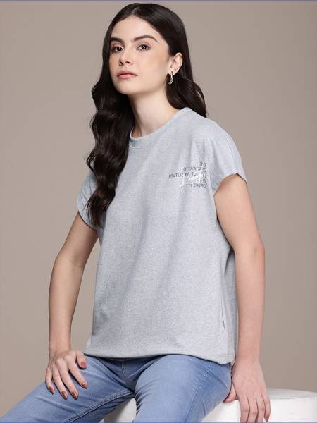 Roadster Printed Women Round Neck Grey T-Shirt