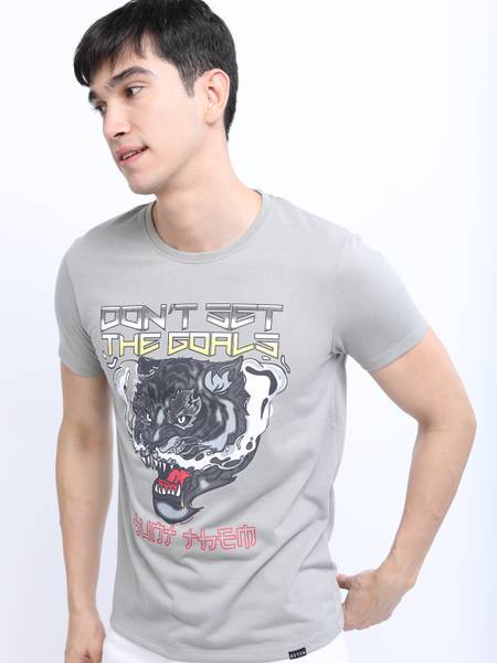 KETCH Printed Men Round Neck Grey T-Shirt