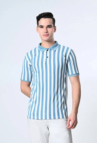 Dam Striped Men Polo Neck Light Blue, White T-Shirt