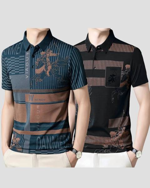 NOW OR NEVER Printed Men Polo Neck Black, Blue T-Shirt