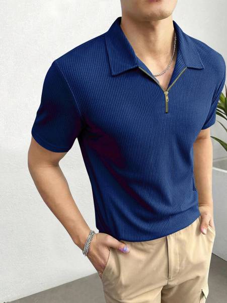 TAZO Self Design Men Polo Neck Blue T-Shirt