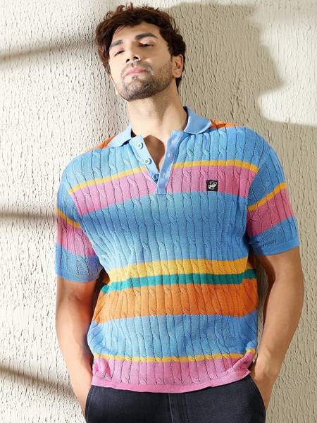 FUGAZEE Striped Men Round Neck Blue T-Shirt