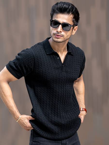 MANIAC Solid Men Polo Neck Black T-Shirt