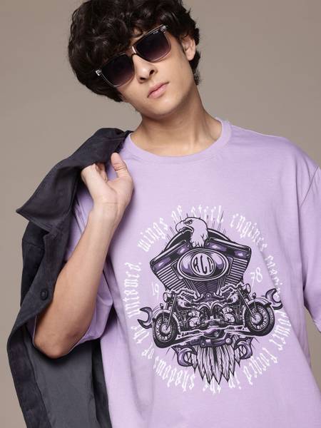 Roadster Printed Men Round Neck Purple T-Shirt