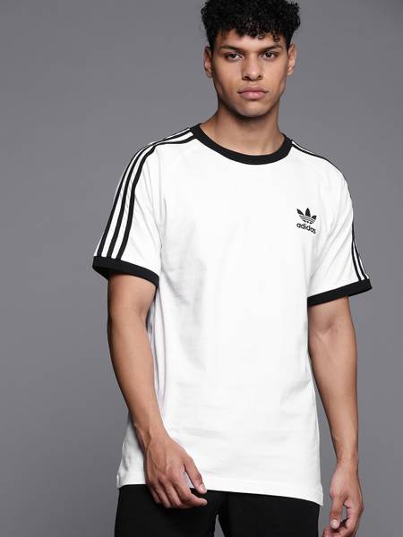 ADIDAS ORIGINALS Striped Men Crew Neck White T-Shirt