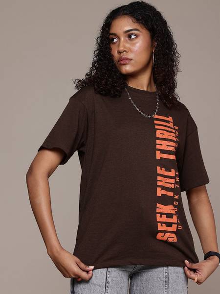 Roadster Printed Women Round Neck Brown T-Shirt