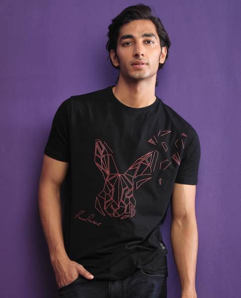 RARE RABBIT Printed Men Round Neck Black T-Shirt