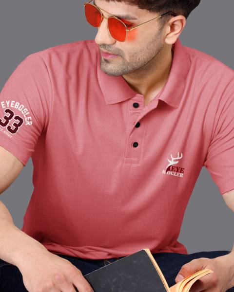 EyeBogler Solid Men Polo Neck Pink T-Shirt